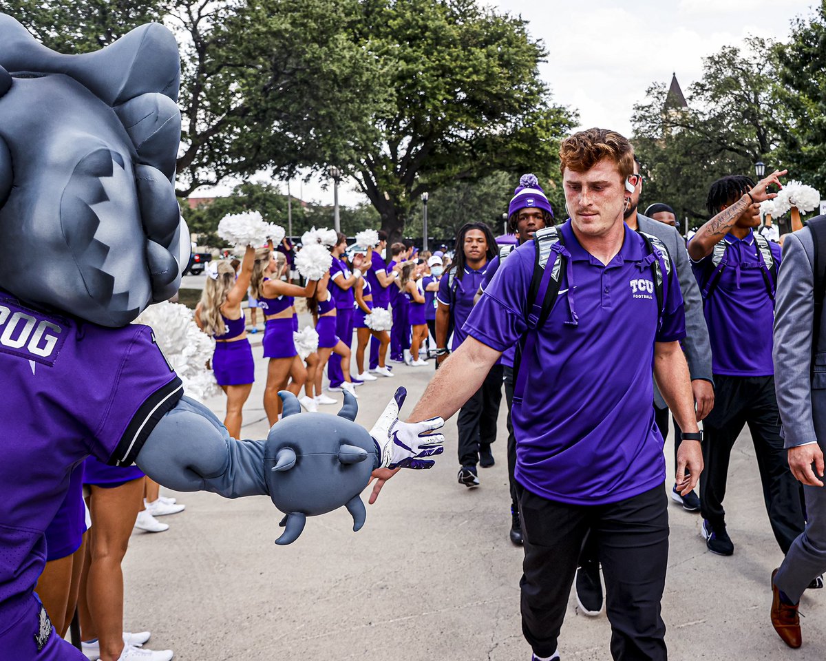 TCUFootball's tweet photo. The Frogs are back ➡️ Fans are back 🐸💜#DontBackDown https://t.co/J94ibqrzI1
