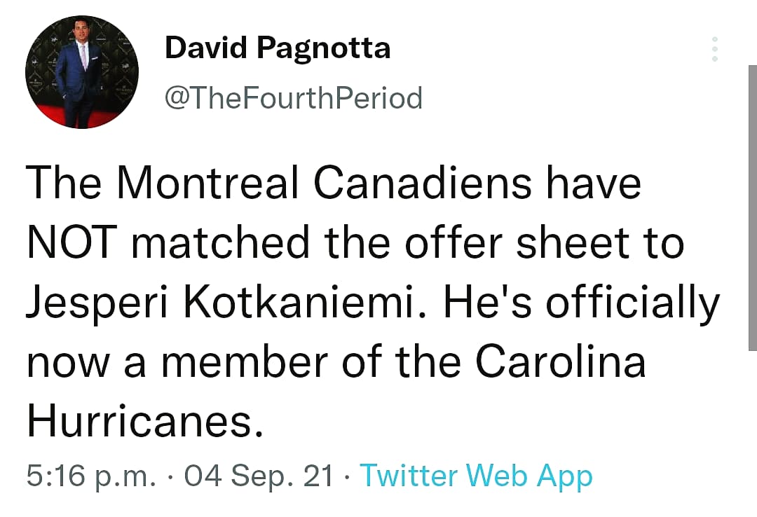 STHockeyPodcast's tweet photo. Meet the newest #Hurricane! After a week, the #Habs did not tender match the offer to Jesperi Kotkeniemi and will recieve a 1st and 3rd round pick from the #Canes. Thoughts on this situation? Who won and lost?? ⏬⏬
---
#OfferSheet #Montreal #Carolina #Offseason https://t.co/s6NLDBMQD2