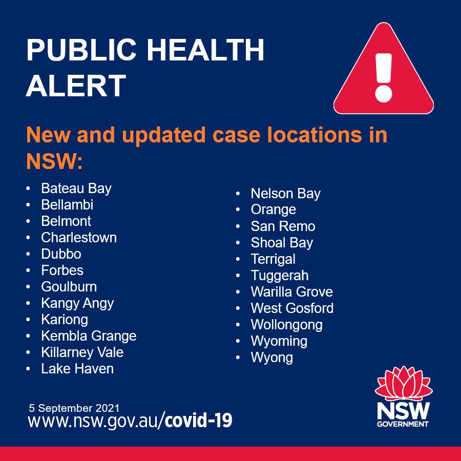 NSWHealth's tweet photo. ⚠️PUBLIC HEALTH ALERT – NEW VENUES OF CONCERN⚠️

We have been notified of a number of new casual contact venues of concern associated with confirmed cases of COVID 19.

❗️ For a full list of locations or changes to previously reported venues, visit https://t.co/iwijtfFwMC https://t.co/9ntXeUIrvX