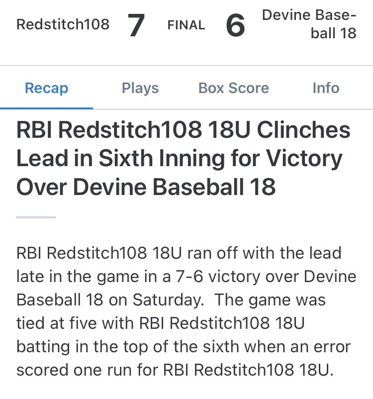 Rbi18u's tweet photo. RedStitch108 18u grab the W, in their first game of the fall season @ 2021 Perfect Game Southeast Labor Day Classic (Upperclass/2022's) Shoutout to Coach @OZZY12_ on his 1st Win for RBI RedStitch108. @PG_Scouting @BUncommitted @PerfectGameUSA #2022 #2023 https://t.co/PJCeeRpXpl