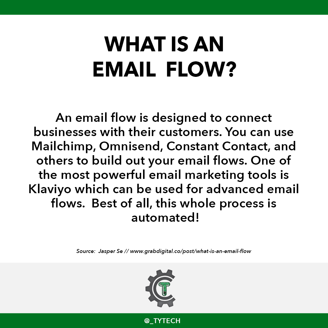 _TyTech's tweet photo. An email flow is designed to connect businesses with their customers and can be automated. To learn more read our graphic or schedule a FREE consultation for us to help!
.
.
#TyTech #TyTechDevelopments #EmailFlows #EmailMarketing #DigitalSolutions https://t.co/lUdoBP3ADg