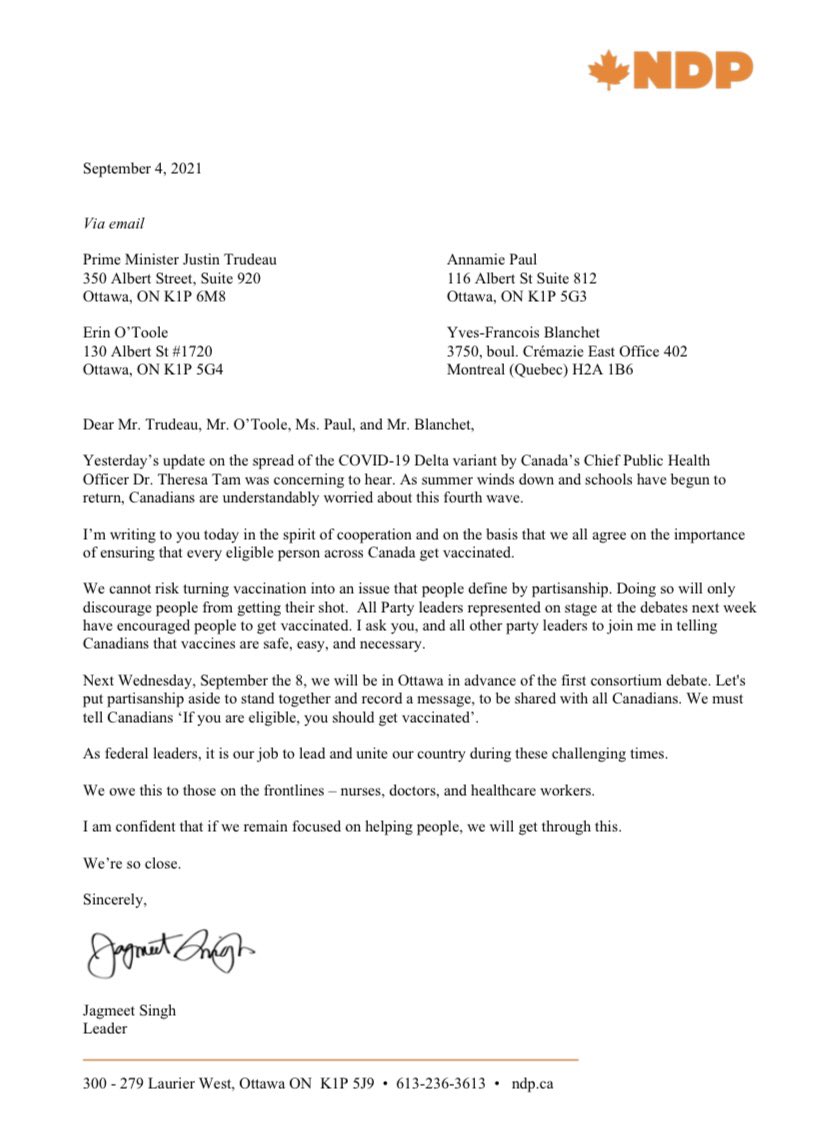 AbigailBimman's tweet image. NEW: @theJagmeetSingh issues letter to federal leaders @erinotoole @JustinTrudeau @AnnamiePaul @yfblanchet calling on them to drop partisanship and come together ahead of the next debate to record a message urging Canadians to get vaccinated. #cdnpoli #Elxn44