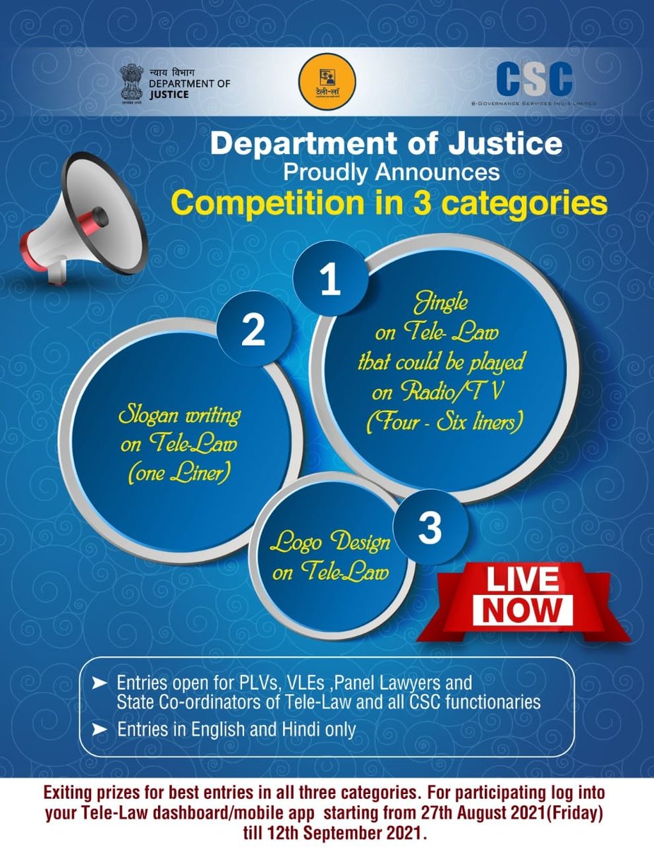 Tele_Law's tweet photo. Department of Justice proudly announces Competition in 3 Categories...

1. Jingle on Tele-Law that could be played on Radio/TV(Four - Six liners)
2. Slogan writing on Tele-Law(One-Liner)
3. Logo Design on Tele-Law

For more details check the #TeleLaw website NOW.

#CSC #DoJ #GOI https://t.co/O6I2u2Hzrt