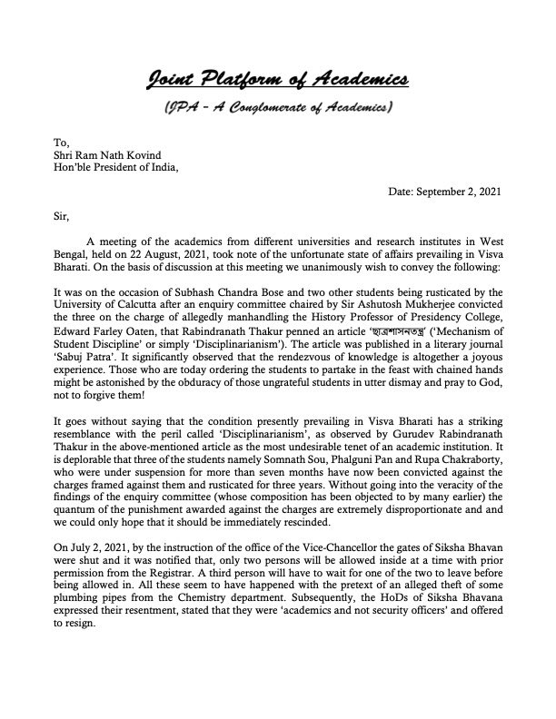 obhi's tweet photo. What an embarrassing state of affairs in centenary year of @visva_bharati . Letter from Joint Platform of Academics to @rashtrapatibhvn invokes #tagore views against disciplining students, (let alone disciplining academics). https://t.co/Om4gkghe05