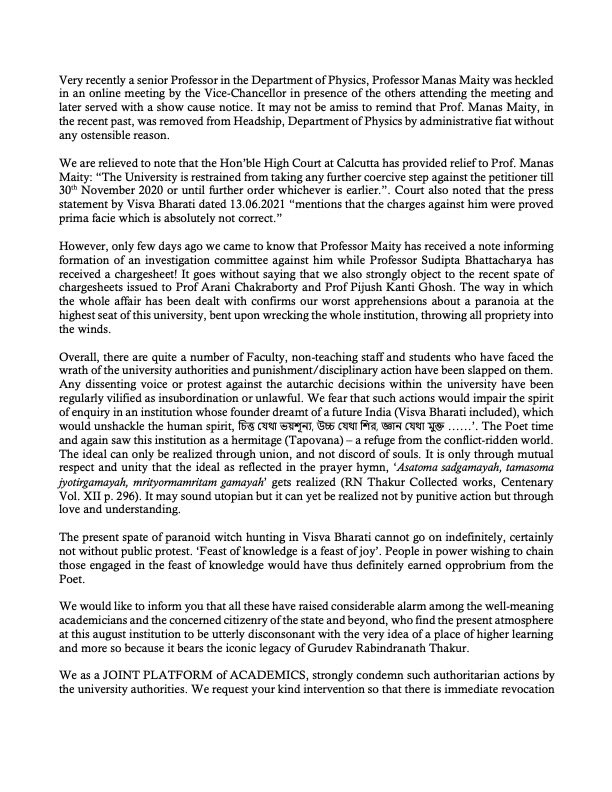 obhi's tweet photo. What an embarrassing state of affairs in centenary year of @visva_bharati . Letter from Joint Platform of Academics to @rashtrapatibhvn invokes #tagore views against disciplining students, (let alone disciplining academics). https://t.co/Om4gkghe05