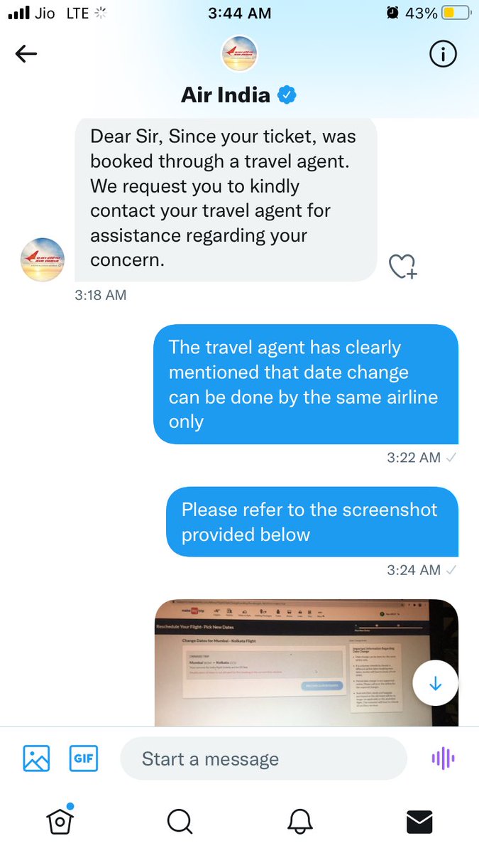 TuneIn_Arijit's tweet photo. @airindiain Suggested option over DM is not at all relevant. @airindiain cannot simply put the ball into the scope of @makemytrip because of their flight cancellation. 

Who canceled the flight? AI or booking platform ? https://t.co/60Ws0KGGp0