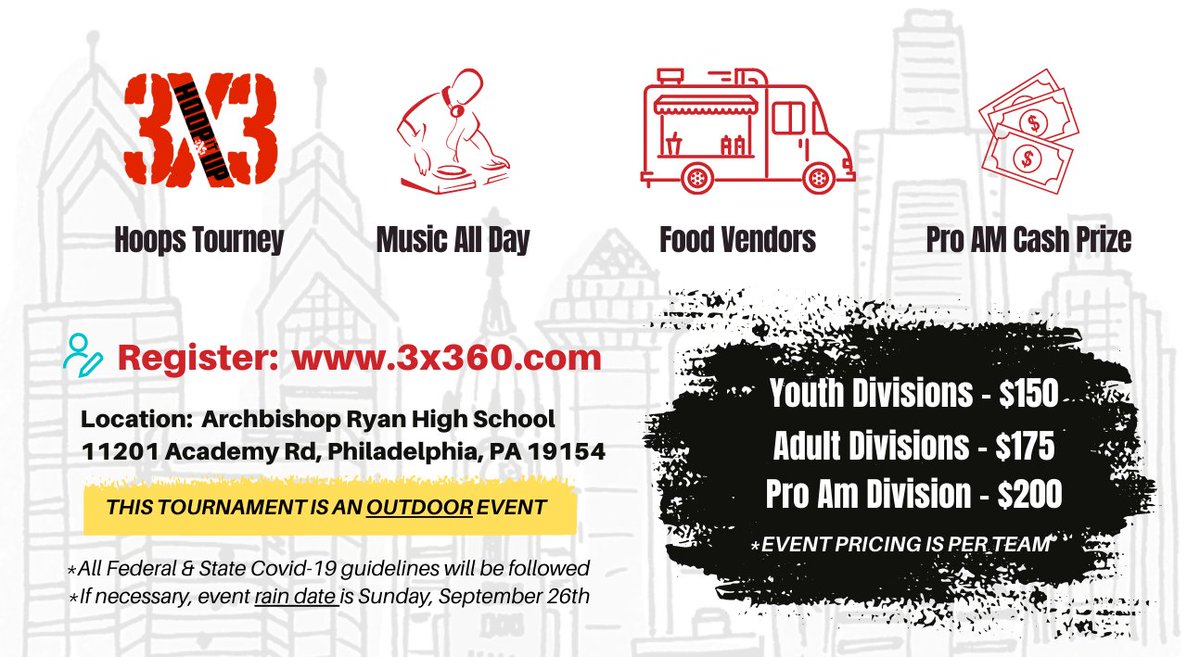 3x360Sports's tweet photo. All Covid-19 guidelines will be followed for this OUTDOOR  Street Festival.  Good food, good music and great hoops! 🏀🏆🏀#HoopItUp #PhillyStreetFest #3x360 #3x3 #3x3basketball #phillyballers #phillyhoops https://t.co/IukrfHt1HD