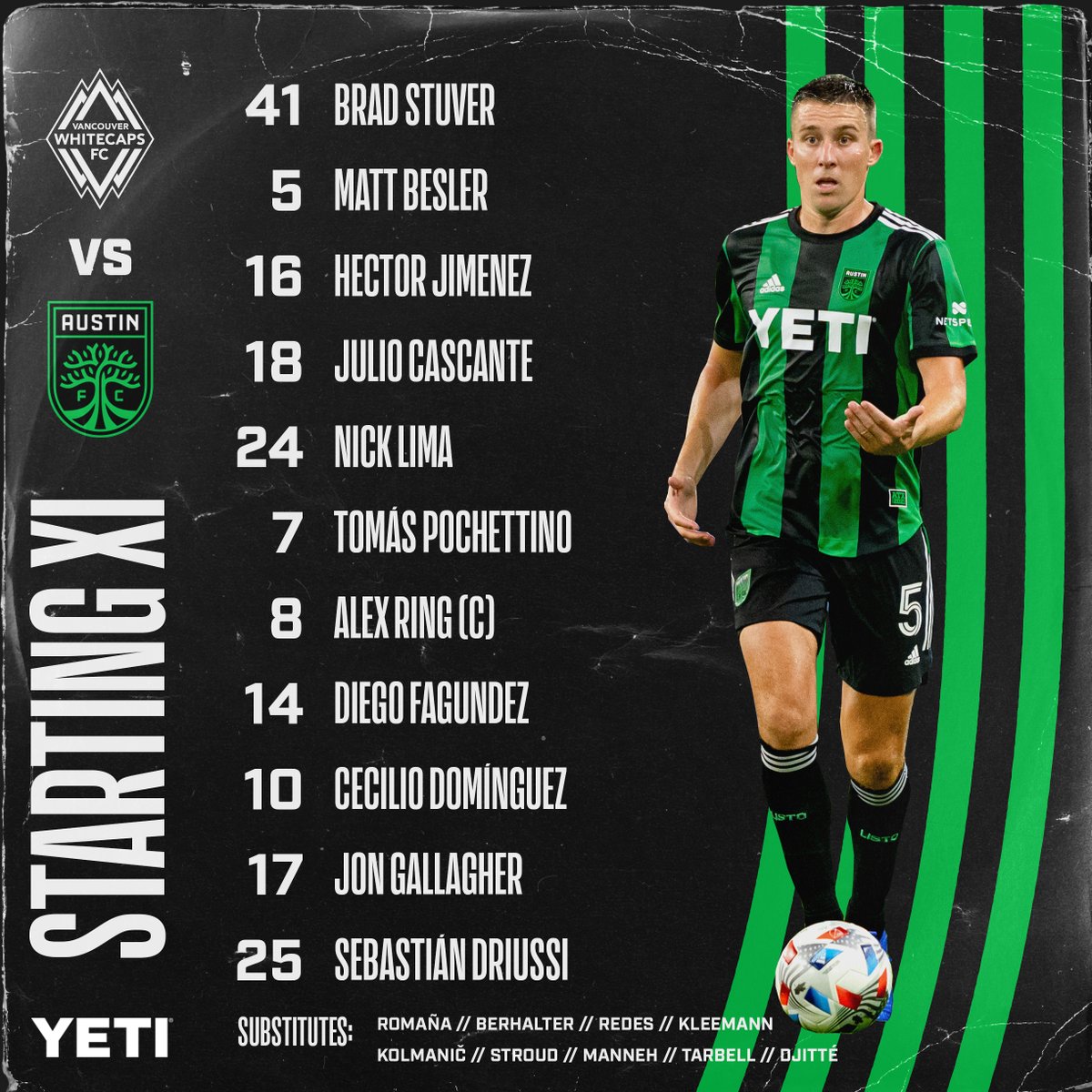 AustinFC's tweet photo. Tonight's Starting 1️⃣1️⃣ versus @WhitecapsFC. 👊
#AustinFC x @YETICoolers https://t.co/KbVUsG0Z4x