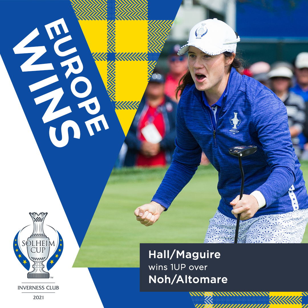 LPGA's tweet photo. Another point for @SolheimCupEuro! 🇪🇺

@georgiahall96 and @leona_maguire finish the first day of the #SolheimCup with a 1UP win! https://t.co/u9u2g1JpJj