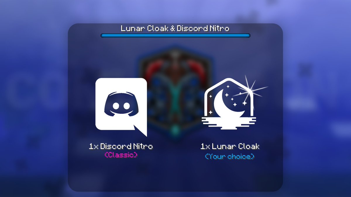 NoDebuffMC's tweet photo. Due to the amount of support on our last giveaway, we decided to do another one!

1x Lunar Cloak (Cloak of your choice)
1x Discord Nitro (Classic)

Follow us at @NoDebuffMC, Retweet, and like and join our discord server https://t.co/r8QRIaxqL3 to enter!

Good luck! https://t.co/m8S5iFVO7t