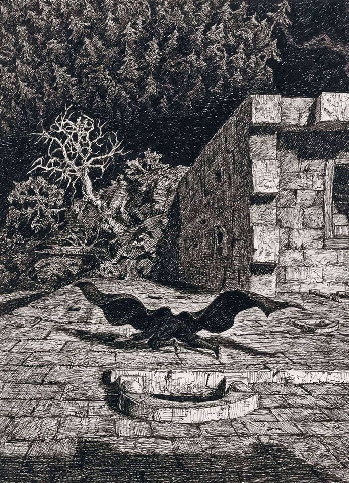 H_P_Loveiscrap's tweet photo. I've seen plenty of illustrations and pictures of Dracula crawling down the castle wall but my favorite is this one by Fritz Schwimbeck (1889-1972), just check out that perspective, isn't it absolutely cool? One of a kind! (1/2) https://t.co/Ir5Er6Wp2v