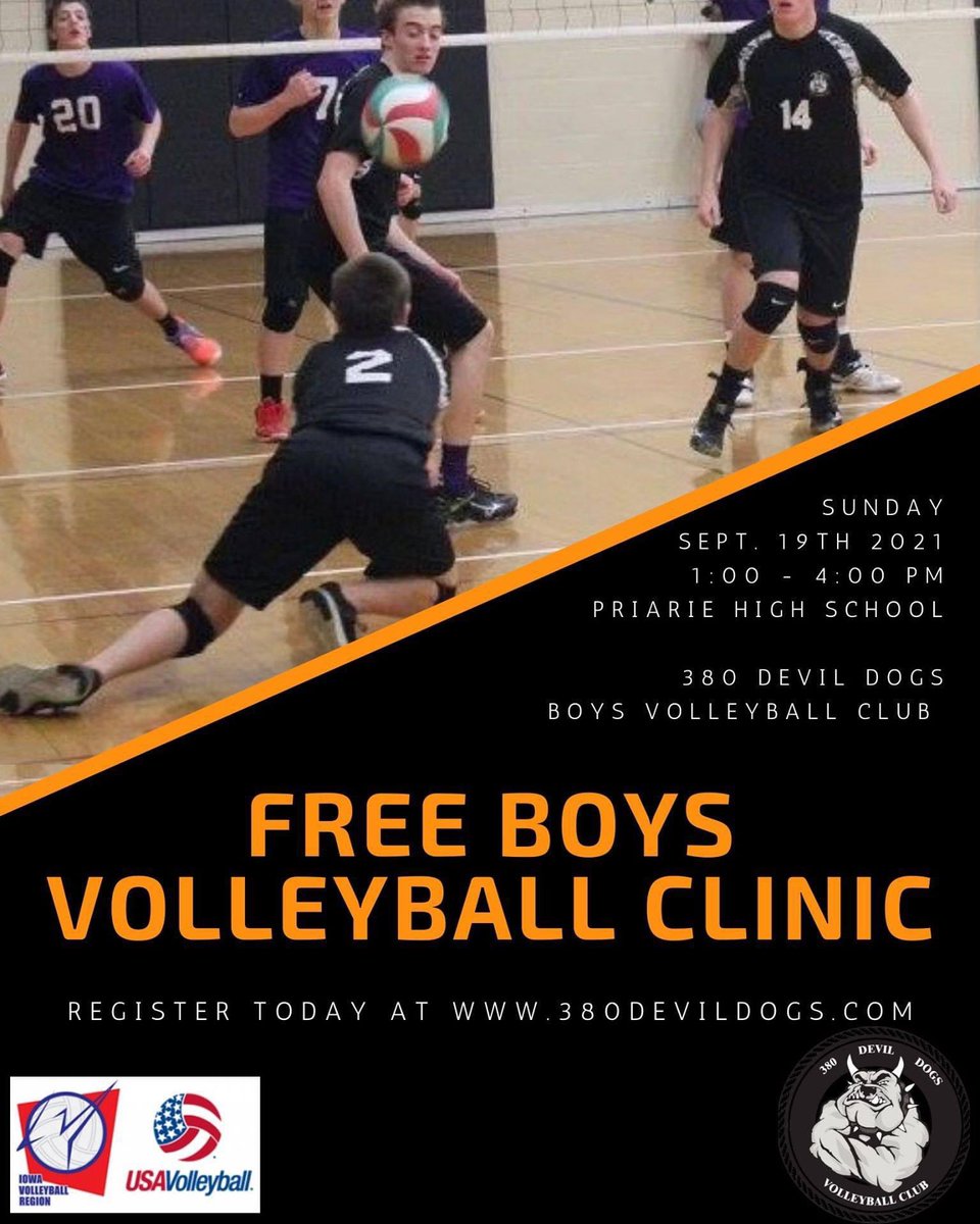 380DevilDogsVB's tweet photo. Interested in playing boys volleyball?  Come join us for the 2021 Free Boys Volleyball Clinic hosted by the 380 Devil Dogs Volleyball Club on Sunday, September 19th from 1-4 pm at Cedar Rapids Prairie High School.  Sign up today at https://t.co/KlcPIAMDyg https://t.co/qOcQpJF5u2