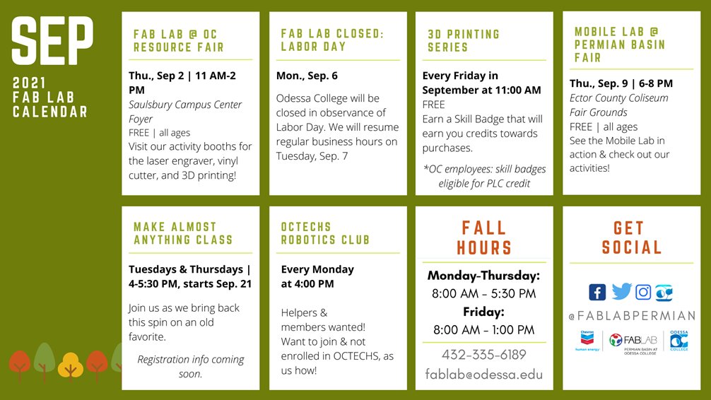 fablabpermian's tweet photo. Here's what's happening at #fablabpermian during the month of September! Don't forget we are closed on Monday for Labor Day. 

#fablabnetwork #odessatx #permianbasin @OdessaCollege @Chevron https://t.co/FPuYbtsWjp