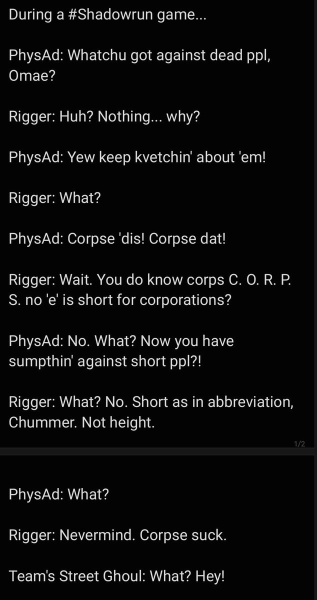 UGEplex's tweet photo. Transcribed from a recent #Shadowrun game voice chat on Discord... 🤣 https://t.co/grukjPmcKB