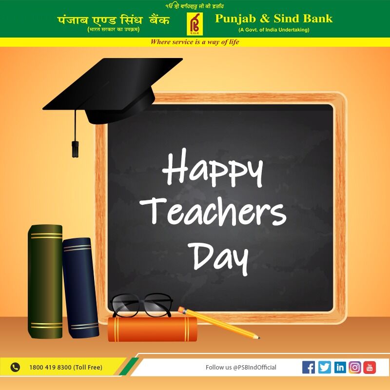 शिक्षक दिवस के अवसर पर पंजाब एण्ड सिंध बैंक सभी गुरुजनों को शत-शत नमन करता है। आप सभी को शिक्षक दिवस की हार्दिक शुभकामनाएं

#PSB #PunjabAndSindBank #TeachersDay