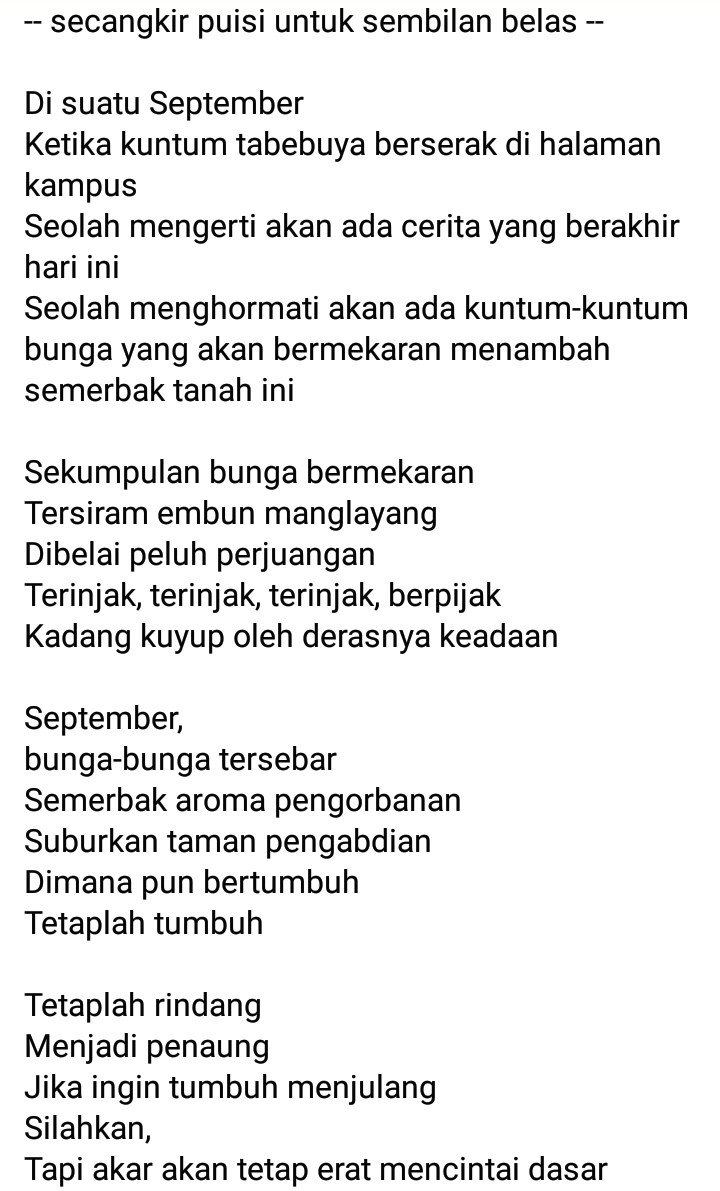 normaasli's tweet photo. Sekumpulan bunga bermekaran
Tersiram embun manglayang
Dibelai peluh perjuangan
Terinjak, terinjak, terinjak, berpijak
Kadang kuyup oleh derasnya keadaan

Secangkir puisi untuk sembilan belas @ipdn19 https://t.co/oXRM1BCrCe