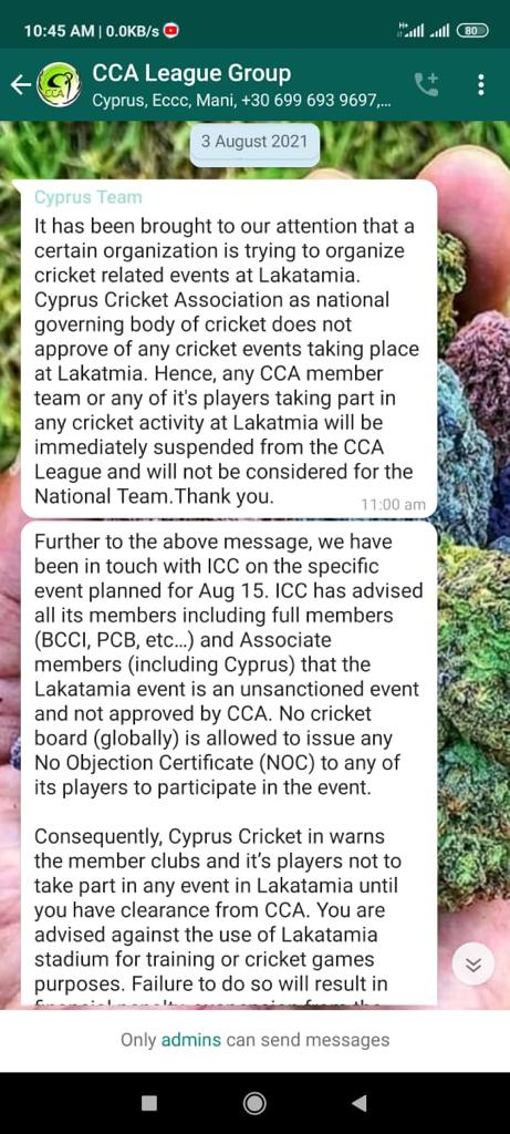 steve79b's tweet photo. Here is a classic example of Cyprus Cricket Association's dirty blackmail tactic of threatening its Cricket players by misusing the names of reputed Sports Organizations like @ICC @BCCI @TheRealPCB - @guardian_sports, @cnainenglish @HCI_Nicosia https://t.co/961IIXMPmM