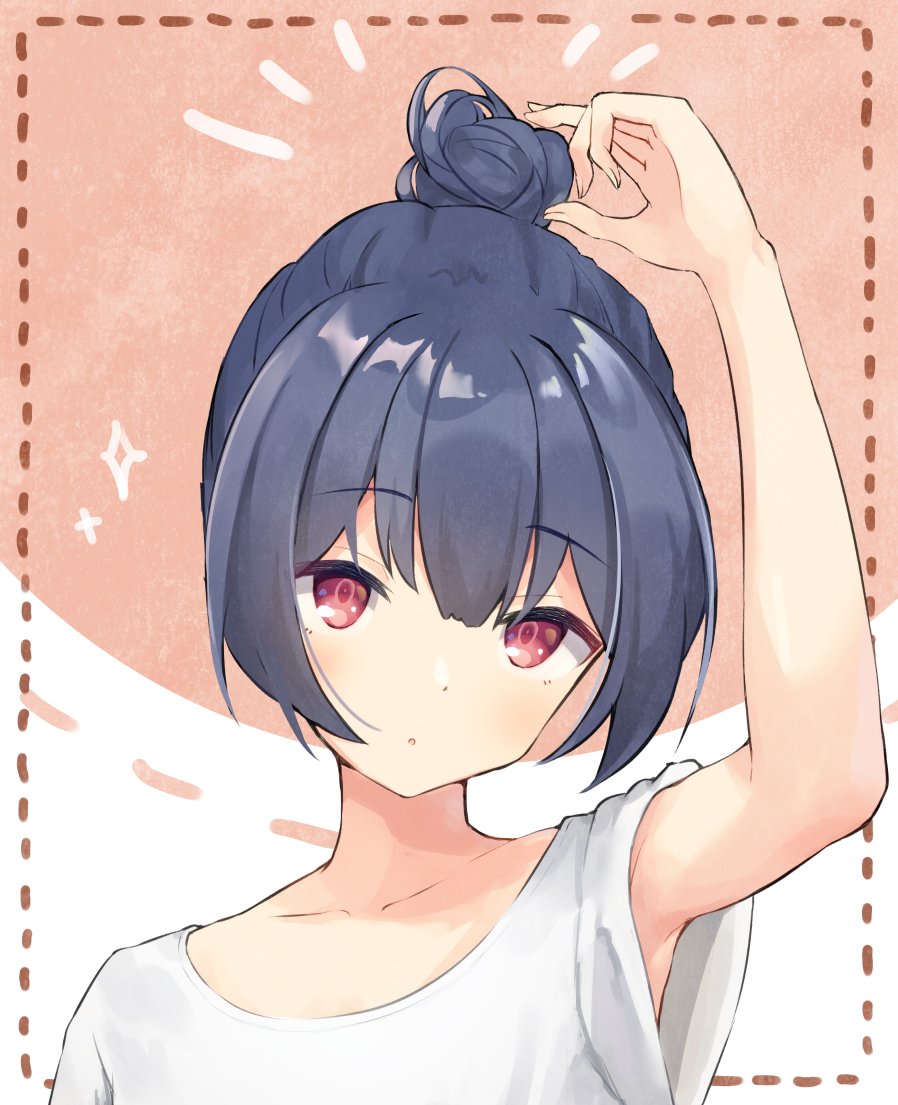 morino rinze 1girl solo shirt single hair bun hair bun red eyes looking at viewer  illustration images