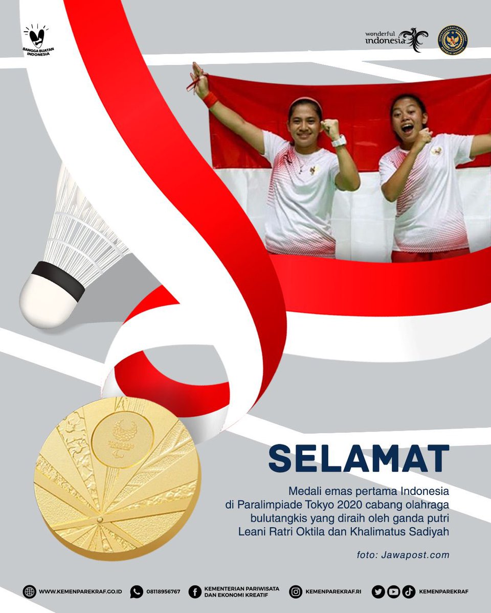 KemenPariwisata's tweet image. EMAS UNTUK INDONESIA 🥇

Kabar baik untuk Indonesia dari pergelaran Paralimpiade Tokyo 2020 cabang Bulutangkis (Para Badminton). Pasangan Leani Ratri Oktila dan Khalimatus Sadiyah berhasil meraih medali emas mengalahkan wakil dari China, Cheng Hefang dan Ma Huihui.