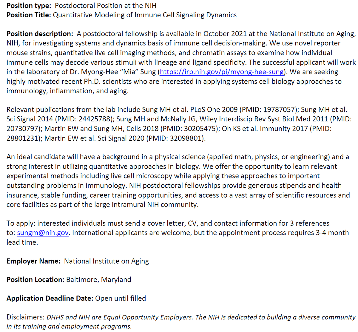 A postdoc opening in the Sung lab @NIH! Posting an early draft of the advertisement. Plz RT #systemsbiology #quantitativebiology #modeling #cellsignaling