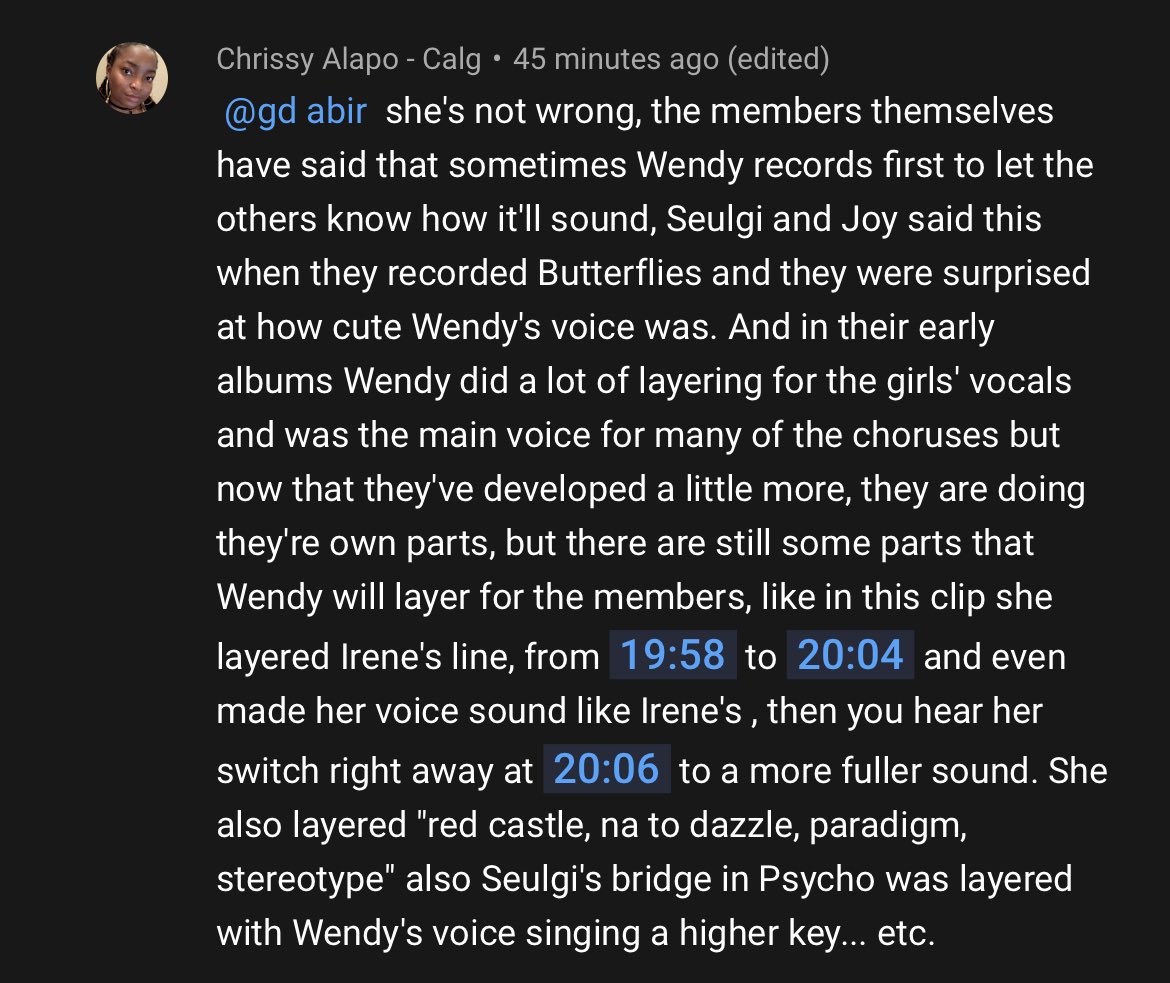 I keep forgetting that Wendy literally sings whole songs. Seeing comments like this reminds me of how she truly is the backbone of many songs in rv