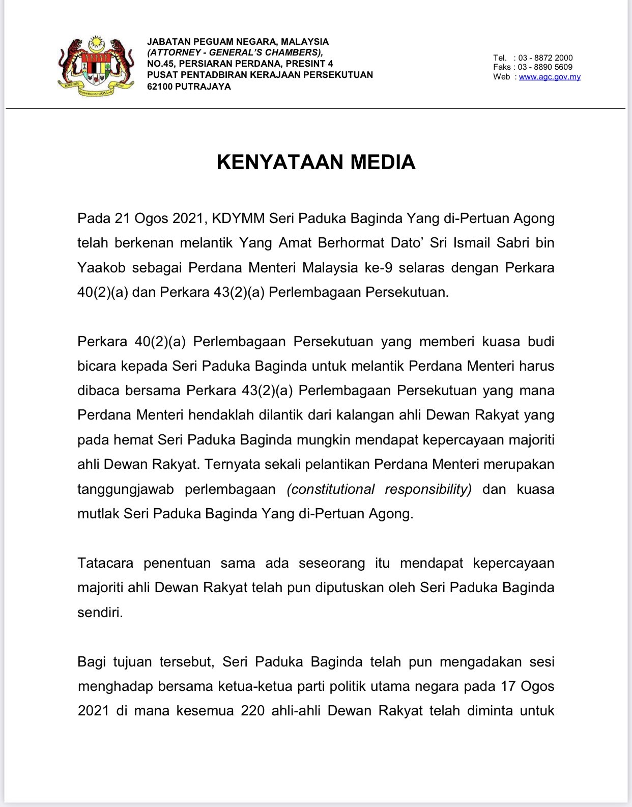 Melissa Goh On Twitter It S Not Necessary For Pm Ismail Sabri To Demonstrate His Legitimacy Via A Confidence Vote In Parliament Because He Was Duly Appointed In Accordance To The Federal Constitution