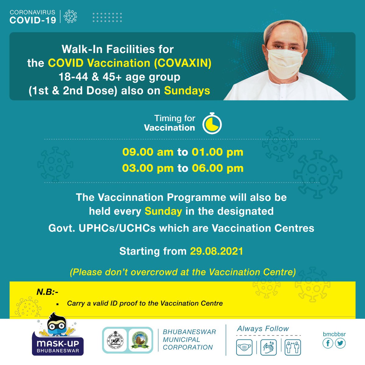 bmcbbsr's tweet photo. The Walk-in Vaccination Drive will continue this Sunday as well.

Those who have not taken your Vaccine Dose yet can take it easily by walking in to the Vaccination Centres.

#BhubaneswarVaccinationDrive https://t.co/3eyK1zGc5n