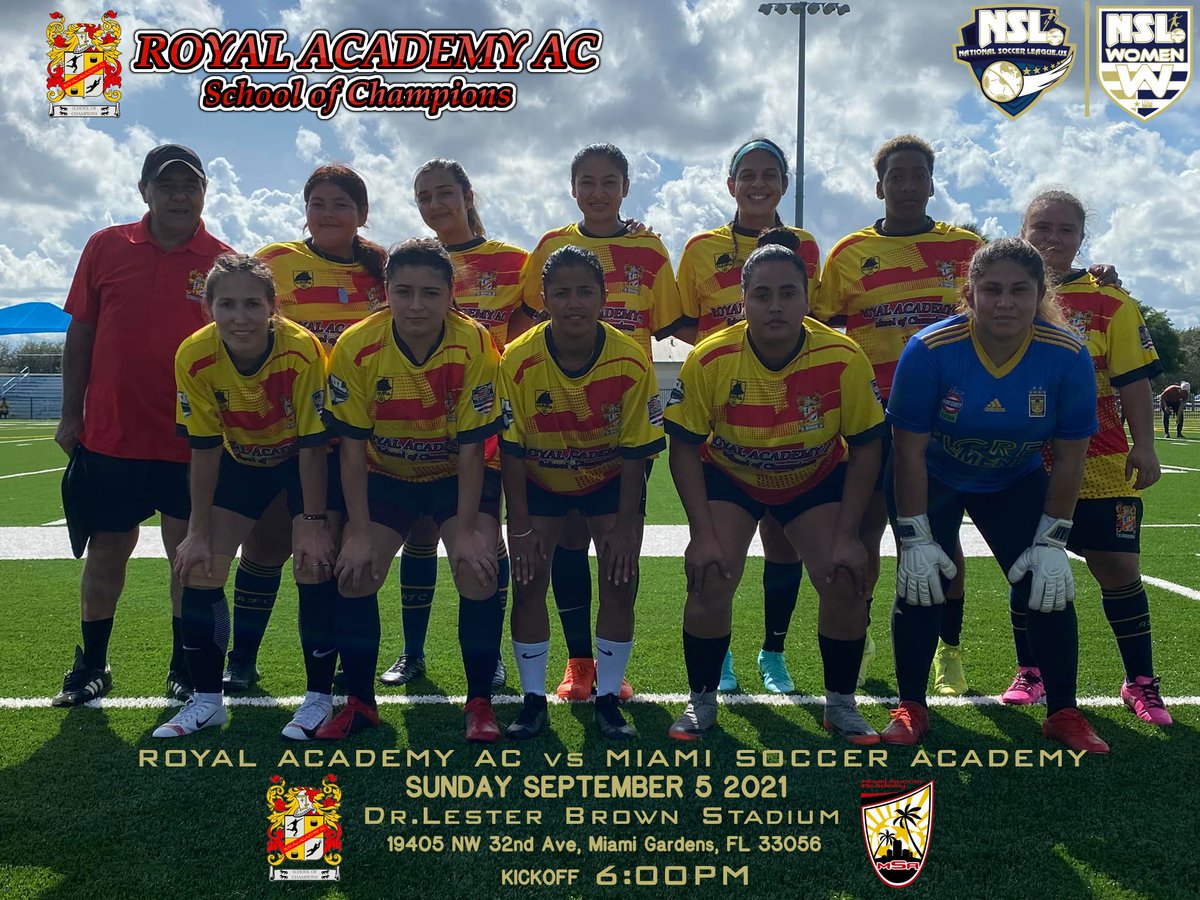 NSL Women (@nslwomen) on Twitter photo NSL News
National Soccer League US
NSL WOMEN
Dr. Lester Brown Stadium
Kickoff 6PM
R0YAL ACADEMY AC vs MIAMI SOCCER ACADEMY
<a href="/NSLSoccerLeague/">NationalSoccerLeague US</a>
<a href="/NSLWomen/">NSL Women</a>
<a href="/RoyalAcademyAC/">RoyalAcademyAC</a>
<a href="/Miamisocceracad/">Miami Soccer Academy</a>
#NSLWomen NSL News
National Soccer League US
NSL WOMEN
Dr. Lester Brown Stadium
Kickoff 6PM
R0YAL ACADEMY AC vs MIAMI SOCCER ACADEMY
<a href="/NSLSoccerLeague/">NationalSoccerLeague US</a>
<a href="/NSLWomen/">NSL Women</a>
<a href="/RoyalAcademyAC/">RoyalAcademyAC</a>
<a href="/Miamisocceracad/">Miami Soccer Academy</a>
#NSLWomen