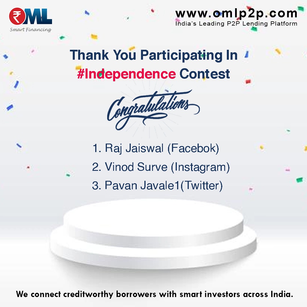 OMLP2P's tweet photo. Congratulation Raj Jaiswal (Facebook), Vinod Surve (Instagram) and Pavan Javale1 (Twitter) on winning #Independence Contest.
All winners are requested to DM their contact details to claim prize.
#ContestWinner #Independence #EasyLoans #P2PLending #OnlineMoney #P2PLoan #OMLp2p https://t.co/OZUCk634F6