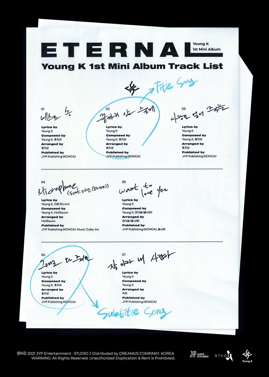 YoungKChile's tweet image. [ INFO | 26.08.21 ] Ha sido revelado el tracklist del álbum debut de #YoungK.

Incluye 7 canciones en total y una colaboración con el cantante #Dvwn ✨

💫 TITLE "끝까지 안아 줄게" (Guard You)

© day6offical.

#DAY6 #데이식스 #영현 #영케이 #YoungK_Eternal #Eternal