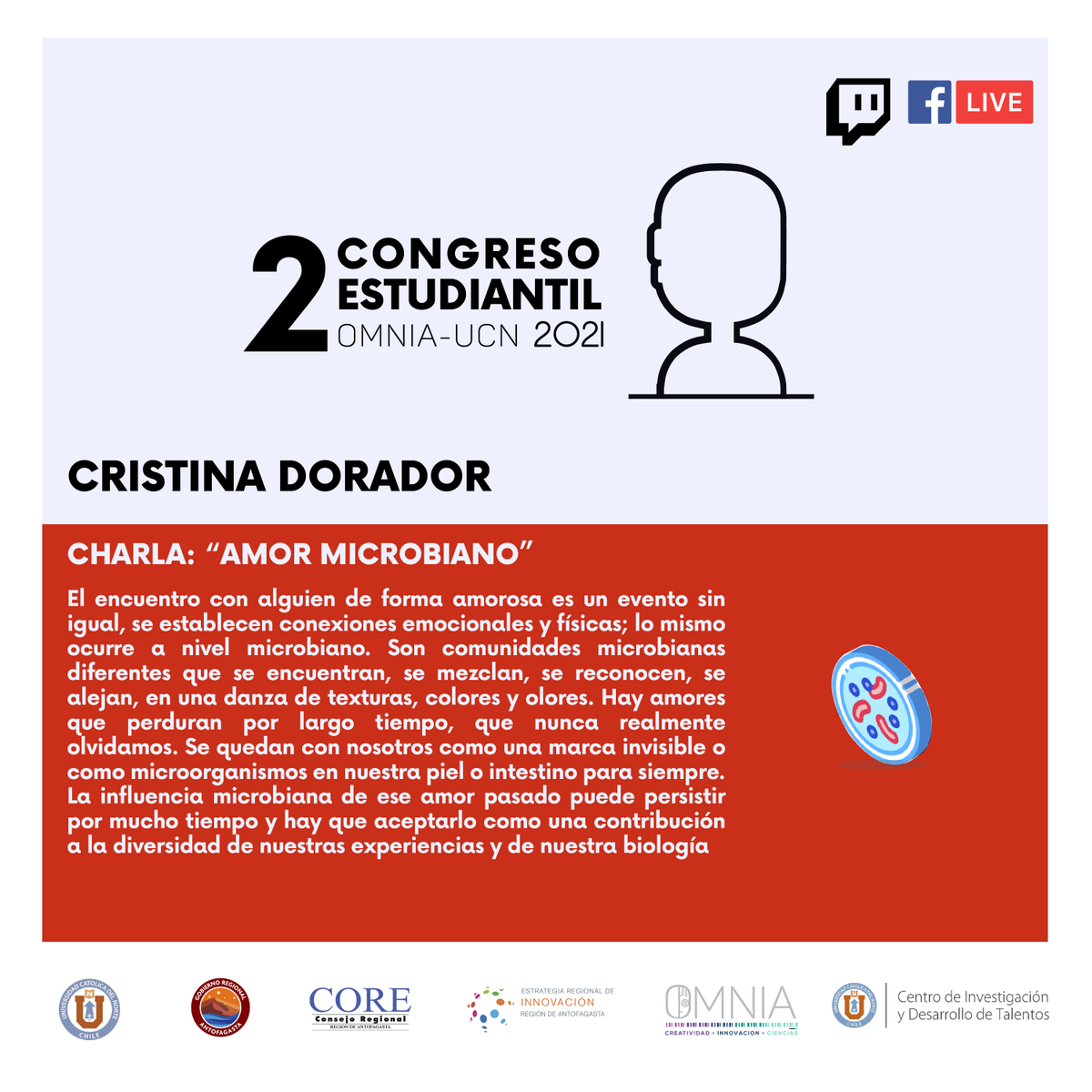 omnia_ucn's tweet image. Con esta tremenda invitada comenzaremos la 2° jornada del Congreso Estudiantil de Ciencias 2021⚗️

No se pierdan la charla &quot;Amor microbiano&quot; que dictará la PhD en Cs. Naturales y actual Convencional Constituyente, Cristina Dorador👩‍⚕️

📅 Martes 28/sep. - 09 hrs. - Twitch y Fb Live