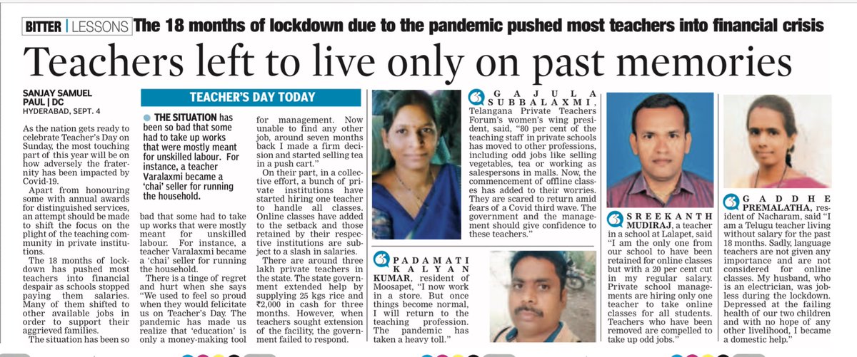 On #teacherday #TeachersDaySpecial @DeccanChronicle a sad bouquet of takes of misery of teachers doing odd jobs to survive #pandemic #Covid #lockdowns #economicslowdown