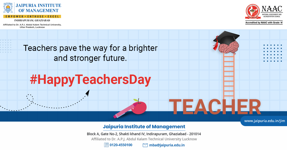 Teachers show us the path towards a brighter future. With due respect and honour, we wish every teacher of your life a Happy Teachers' Day.

#TeachersDay #MissYouTeacher #Teacher #TeachersDay2021 #Knowledge #Future #Education #JaipuriaInstituteofManagement #JaipuriaInstitute