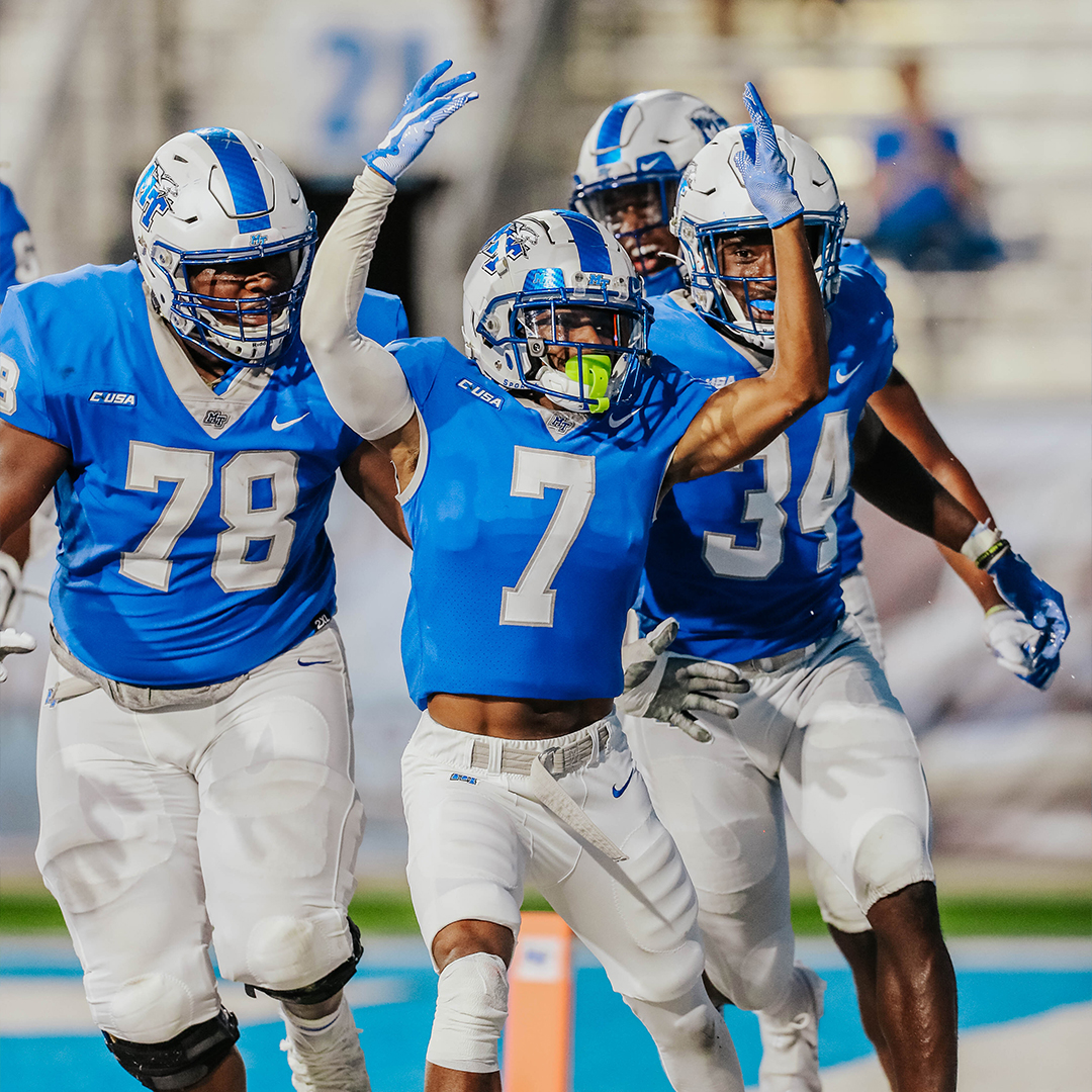 MTAthletics's tweet photo. .@MT_FB opened up the season in a GREAT way yesterday with a 50-15 win over Monmouth.

We want to see Blue Raider Nation back at Floyd Stadium on October 2! https://t.co/kc1t9CRRBR