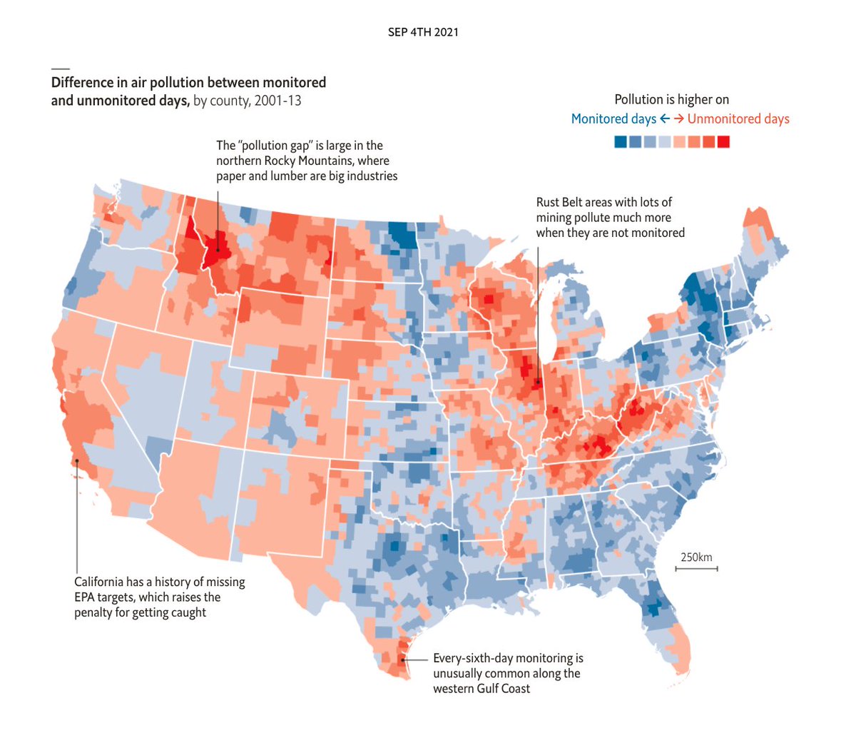 Astonishingly, America’s EPA preannounces the days on which it will monitor PM2.5 pollution. Using satellite data Eric Zou confirms that on the other days businesses pump out much higher levels of filth.   economist.com/graphic-detail…