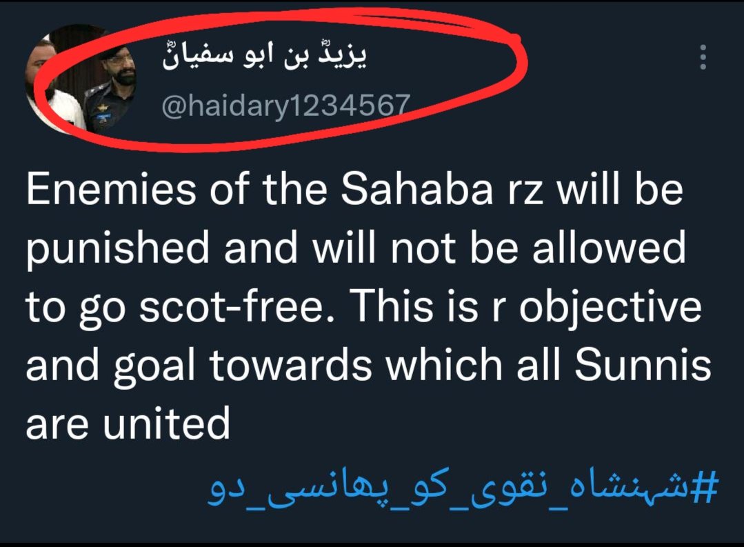 Zahra2200's tweet photo. This name explains who are they!
Offsprings of Yazeed still supporting him and trying to cause shia sunni conflicts. Keep in mind, these people are not #Sunni , they are yazeedi . Cuz no sunni can support killers of Ahlebayt. 

#IStandWithShehanshaNaqvi 
#یزیدیت_مردہ_باد https://t.co/MGWqcY7BhT
