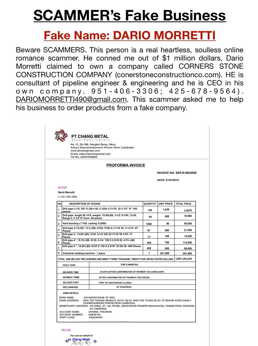 list_scammers's tweet photo. The SCAMMER Dario Morretti claimed owning a company (https://t.co/lGahoL07AM). He pretended that he is a consultant of pipeline engineer and said he is CEO of his own company. 951-406-3306;425-678-9564).DarioMorretti490@gmail.com https://t.co/4Tg2A3JRPy