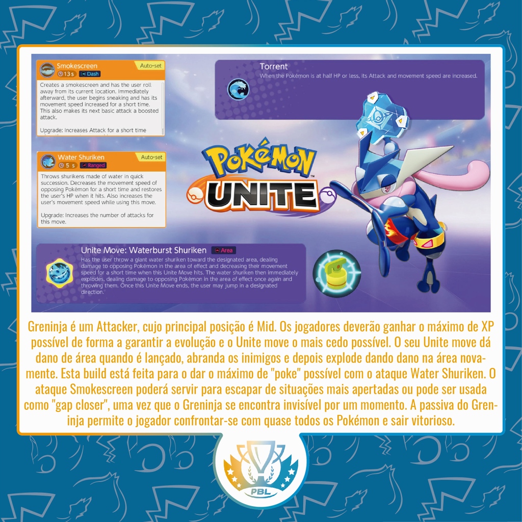 Greninja 🐸 
Ataques– Smokescreen + Water Shuriken
Hold Items– Buddy Barrier + Focus Band + Muscle Band
Battle Item– Full Heal

Já experimentaram esta build? 🤔
Que build de Greninja costumam usar e porquê? 🕵️

#Pokémon #PokémonUNITE #MOBAS #Greninja #NintendoSwitch #Pokémon25th