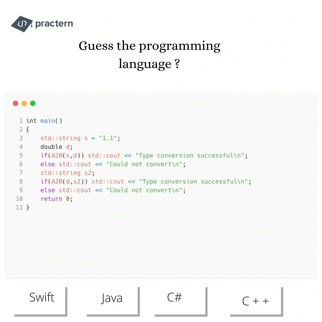 practern's tweet photo. Can you figure out what programming language this is ?
#practern #Swift #csharp #cplusplus #Java #Developer #programming #codingisfun #codinglife #codingchallenge https://t.co/qutwbGOvfo