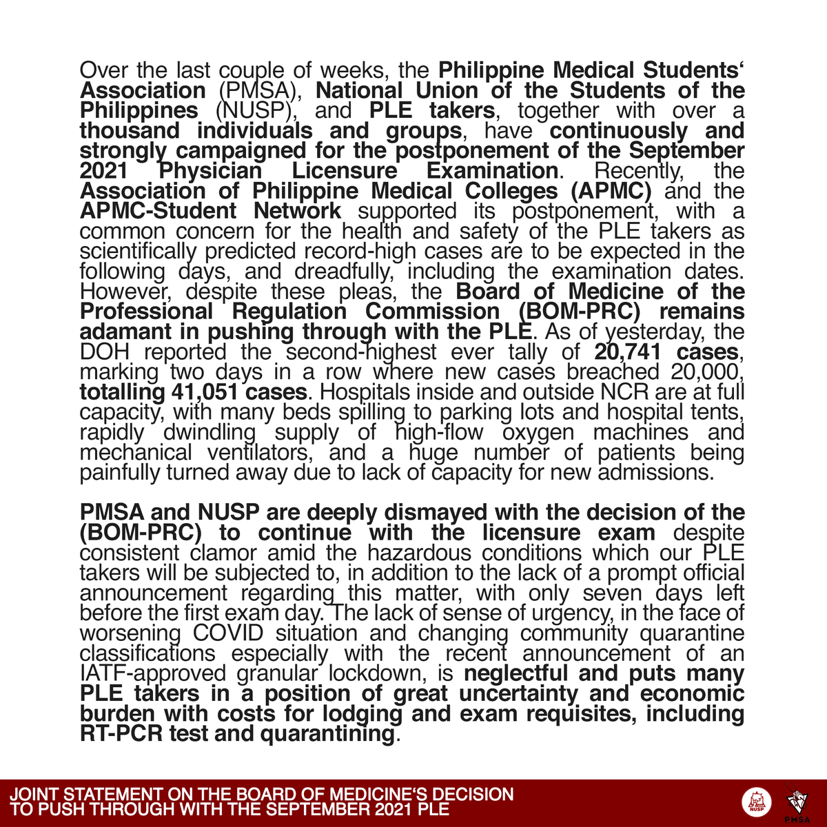 PMSANational's tweet photo. PMSA & NUSP JOINT STX ON BOMʻS DECISION TO PUSH THROUGH WITH THE SEPT2021 PLE
We stand firm with our call: postpone the September 2021 PLE!
Read here: https://t.co/qZ3Xwk2Cvl
#PostponeSeptPLE
#AnnounceExamCancellationsEarlyPRC
#HealthIsARight https://t.co/1toRX2QDlO
