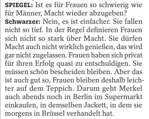 lou_lorenz's tweet photo. Der Spiegel beginnt auf sehr lesenswerten, kurzweiligen 34 Seiten Abschied von Angela Merkel zu nehmen, und da finden sich viele spannende Einschätzungen zum Thema Macht, Feminismus und Rollenbilder. Etwa hier im Interview mit Alice Schwarzer. https://t.co/lA8IpVCU3x