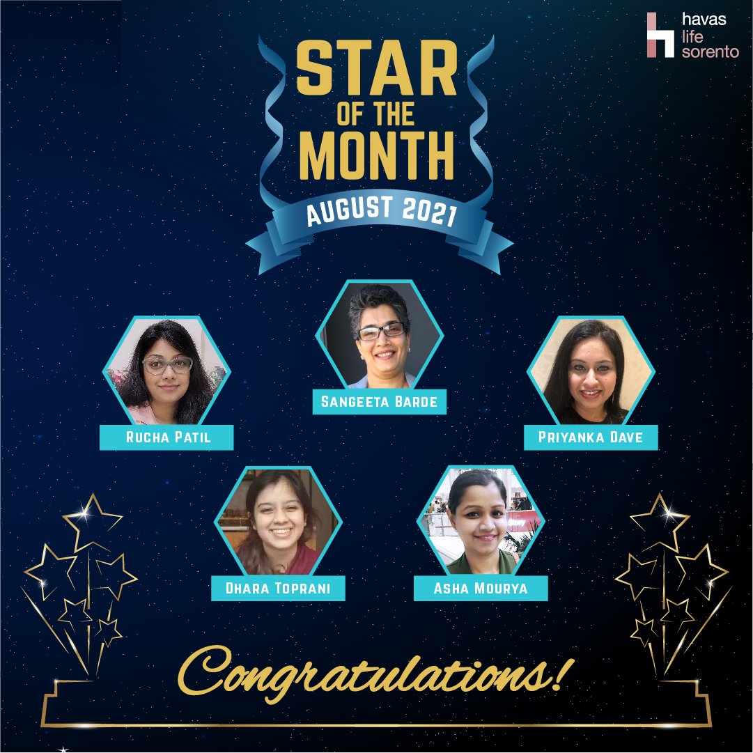 Meet our Sorento Stars of the Month,whose hard work takes HLS to new heights.Proudly presenting Asha Mourya, Rucha Patil, Dr. Dhara Toprani, Priyanka Dave and Sangeeta Barde.
#Havas #HavasLifeSorento #HavasHealthAndYou  #HLSstarofthemonth #EmployeeAwards  #MeaningfulDifference