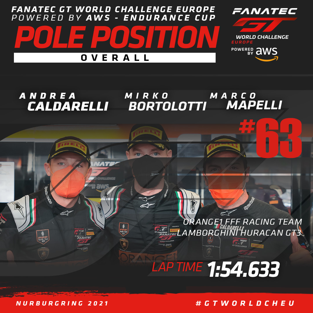 GTWorldChEu's tweet photo. Here they are then - your Overall pole-sitters for this afternoons three-hour race at the 🇩🇪 @nuerburgring! ⏱️

Rapid stuff from the #63 @FFFracingteam Lamborghini! 👏

#GTWorldChEu 🏁 @fanatec https://t.co/JnsaxaQ8yG