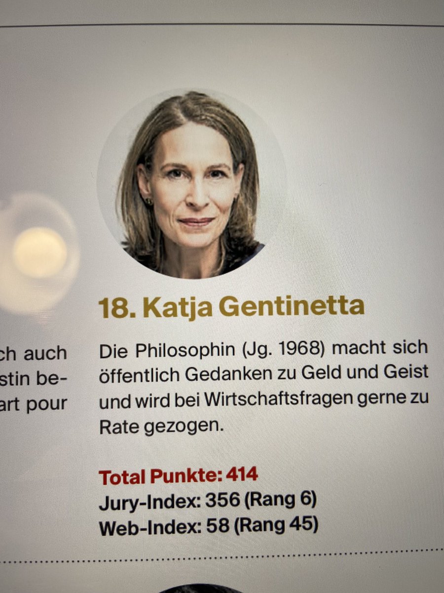 Katja Gentinetta (@KGentinetta) on Twitter photo 2021-09-05 08:08:59 Herzlichen Dank an die Jury der @CH_Wochenende, die mich auf Platz 6 der CH-Intellektuellen gesetzt hat! Das freut mich sehr und ist eine schöne Bestätigung für meine Arbeit. - Das ich auf dem Netz noch zulegen kann, habe ich verstanden ;-) Deshalb beginne ich gleich jetzt damit! Herzlichen Dank an die Jury der @CH_Wochenende, die mich auf Platz 6 der CH-Intellektuellen gesetzt hat! Das freut mich sehr und ist eine schöne Bestätigung für meine Arbeit. - Das ich auf dem Netz noch zulegen kann, habe ich verstanden ;-) Deshalb beginne ich gleich jetzt damit!