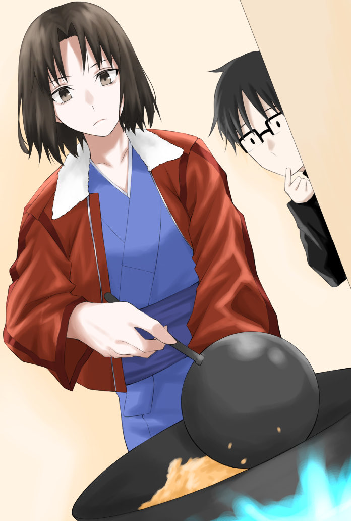 ryougi shiki 1girl 1boy japanese clothes glasses kimono black hair short hair  illustration images