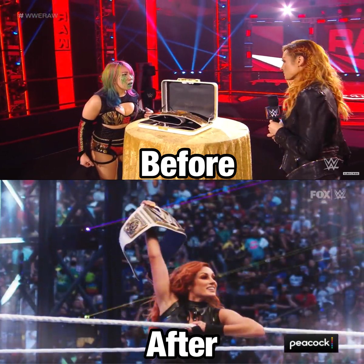 UnownEgoPanda's tweet photo. When Becky Lynch left she was on Raw and had the title. She came back on SmackDown and got the title. Make this happen again! @BeckyLynchWWE We need Becky2Belts again. You still have those opportunities. #WWE #WWERaw #SmackDown #Becky2Belts #BeckyLynch #MakeItHappenAgain https://t.co/GM76fvl8uU