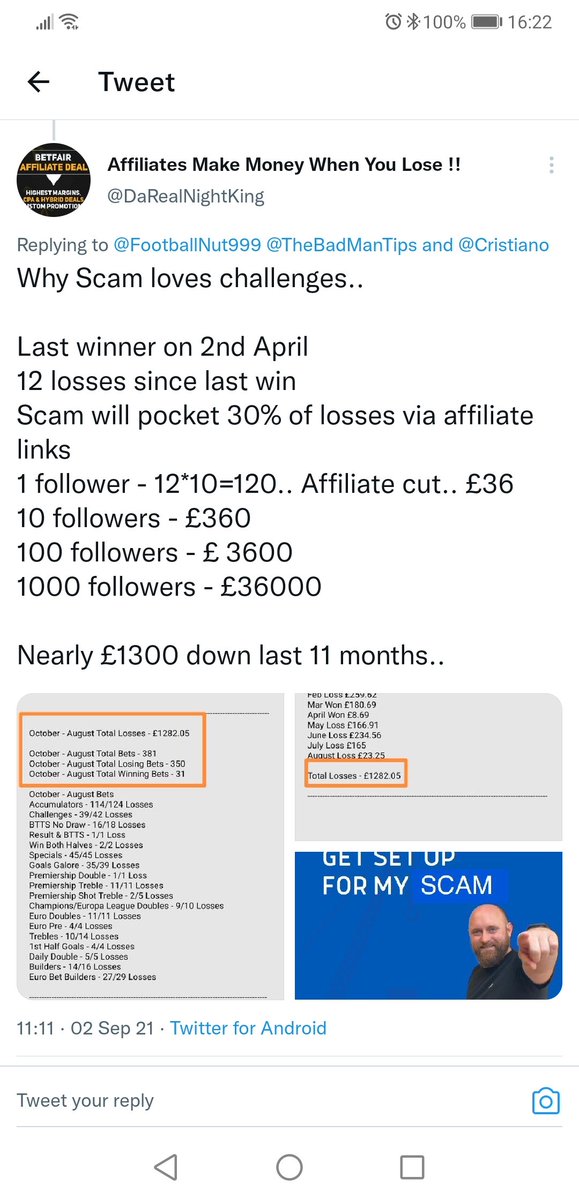 Remember Folks.. If this scammer is tweeting/posting he usually lying or misleading .. Only reason he is here.. Regularly.. Last challenge win was 2nd April.. 5 months ago.. Has lost 13 challenges since last win netting fanwave.digital/Scam fortune from followers losses..
