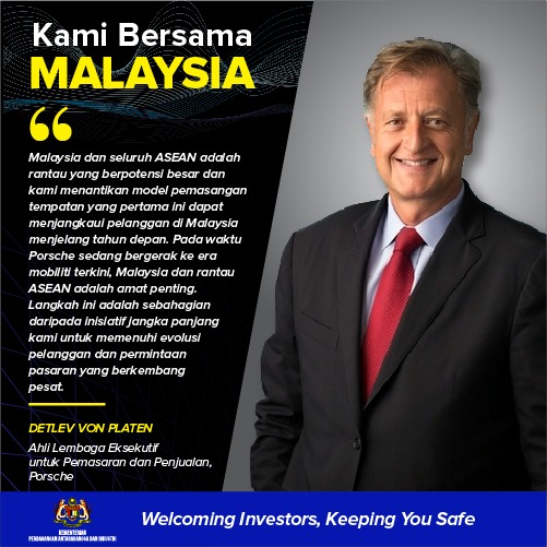 Tahniah kepada <a href="/SimeDarbyGroup/">Sime Darby</a> atas kerjasama bersama <a href="/Porsche/">Porsche</a> yang telah membuktikan prospek pelaburan jangka panjang di #Malaysia. Agensi kami <a href="/OfficialMIDA/">Malaysian Investment Development Authority (MIDA)</a> akan terus memberi fasilitasi dalam memudahcara pelaburan tersebut. 
Sumber petikan poster: bit.ly/3jGJBAB