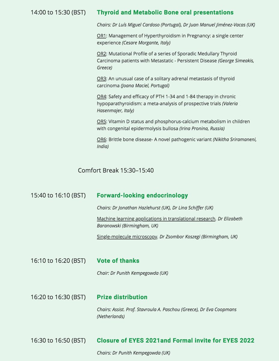 Please have a look at today’s programme‼️The last day of #EYES2021 meeting will be really exciting 🤩
<a href="/ESEndocrinology/">European Society of Endocrinology (ESE)</a> <a href="/EsePresident/">ESE_President</a>