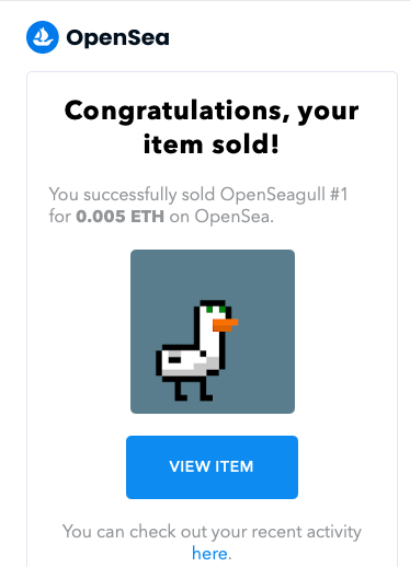 OpenSeagulls's tweet photo. Our first #NFT just sold! Say goodbye to OpenSeagull#1 :D Go get yours at https://t.co/d296J3Chrw https://t.co/AgVF3YgCKe